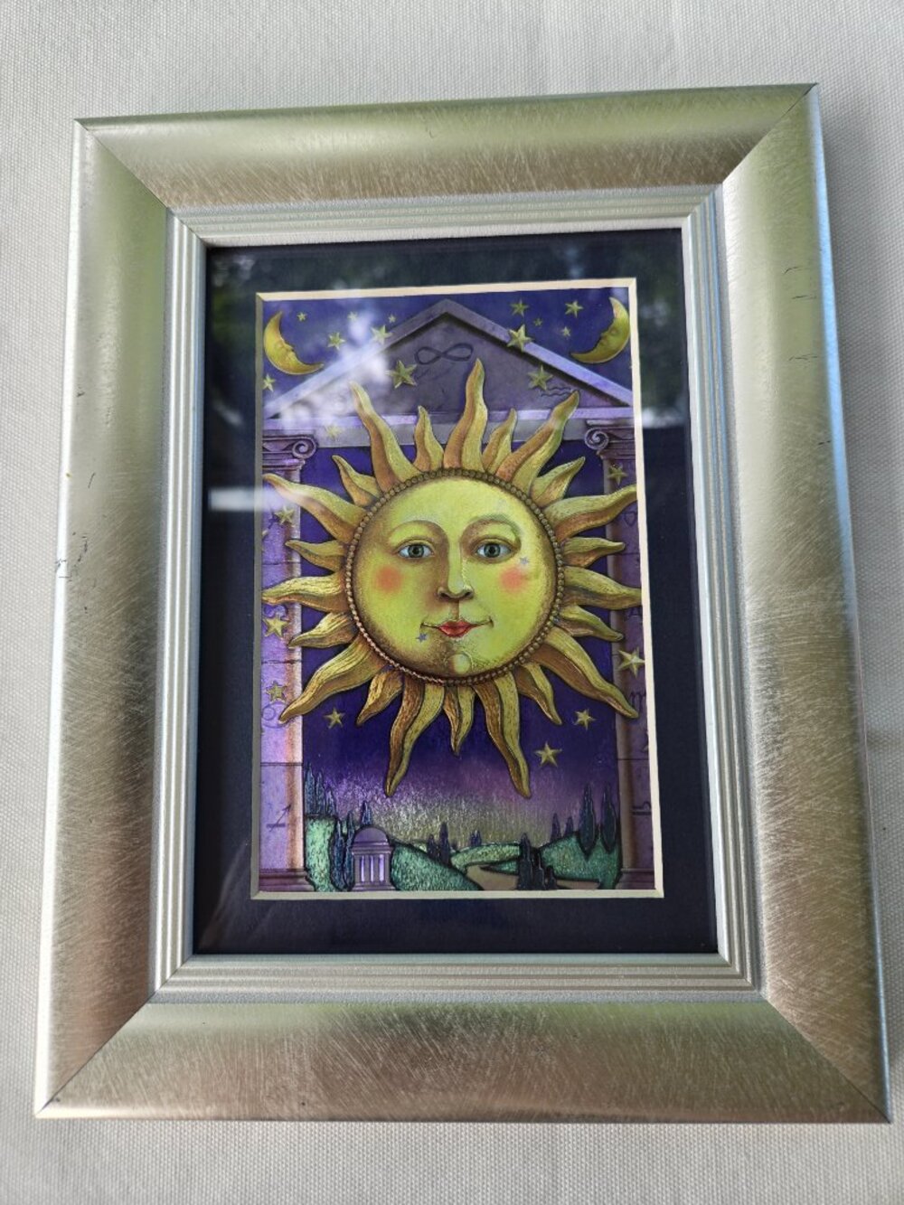 Celestial Sun Framed Art Picture in Silver toned wood frame